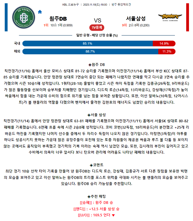 [스포츠무료중계KBL분석] 16:00 원주 DB vs 서울 삼성