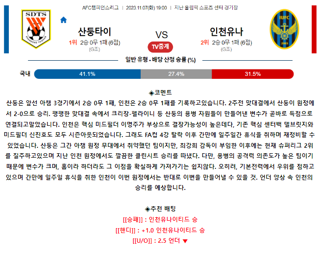 [스포츠무료중계축구분석] 19:00 산둥타이산 vs 인천유나이티드FC