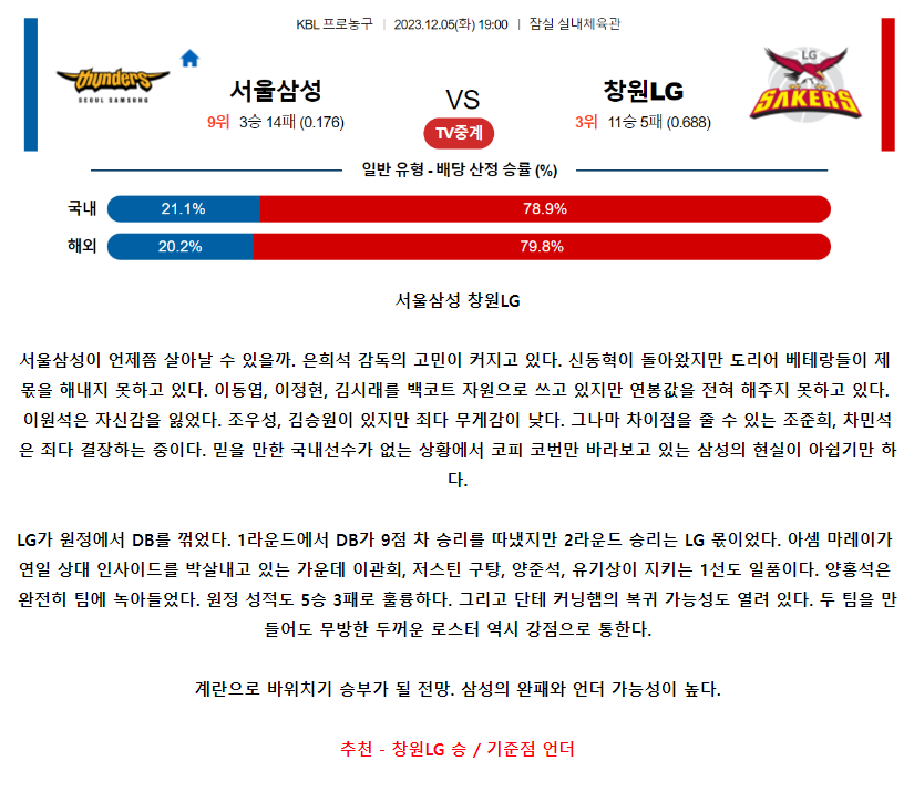 [스포츠무료중계KBL분석] 19:00 서울삼성 vs 창원LG