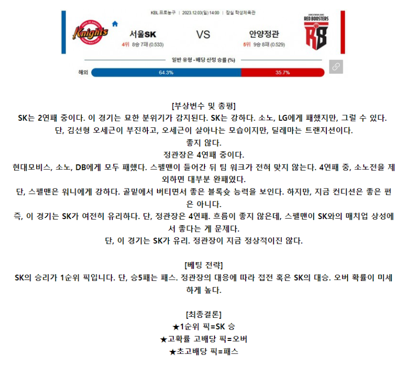 [스포츠무료중계KBL분석] 14:00 서울SK vs 안양정관장