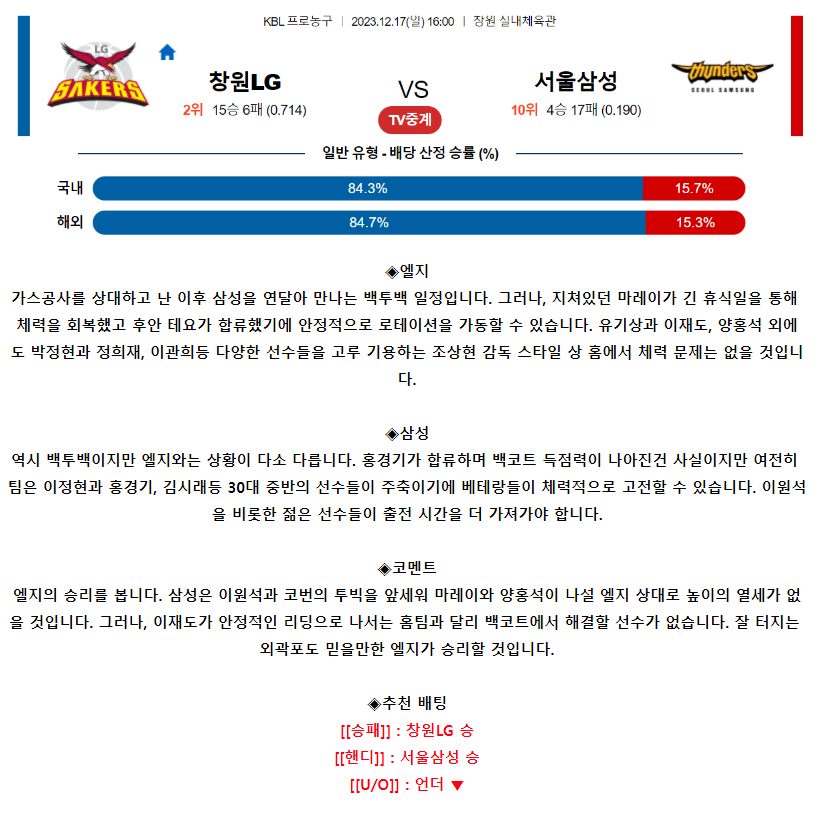 [스포츠무료중계KBL분석] 16:00 창원LG vs 서울삼성