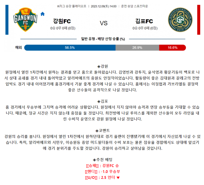 [스포츠무료중계축구분석] 14:00 강원FC vs 김포시민축구단