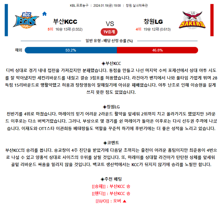 [스포츠무료중계KBL분석] 19:00 부산KCC vs 창원LG