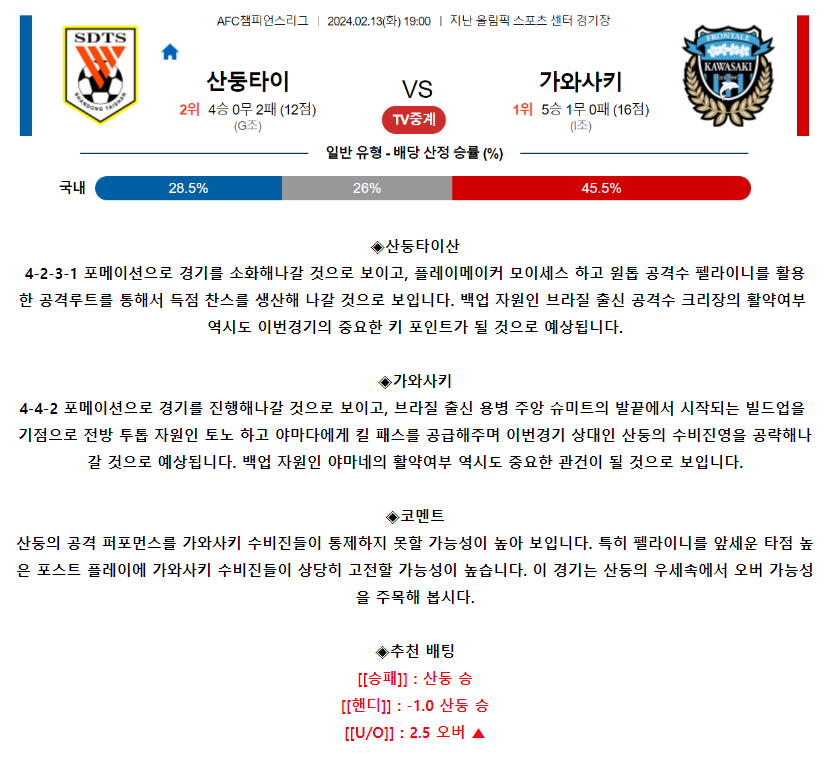 [스포츠무료중계축구분석] 19:00 산둥타이산 vs 가와사키프론탈레