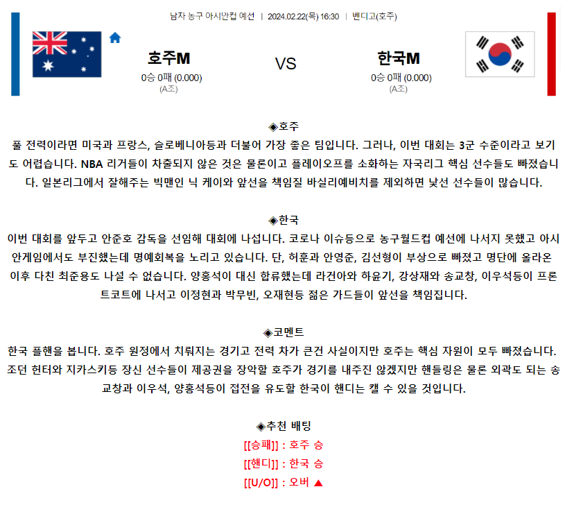 [스포츠무료중계아시안컵농구분석] 16:30 호주 vs 대한민국