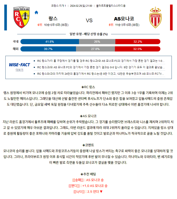 [스포츠무료중계축구분석] 21:00 RC랑스 vs AS모나코