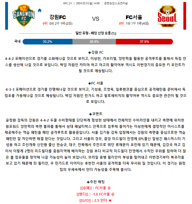 [스포츠무료중계축구분석] 14:00 강원FC vs FC서울