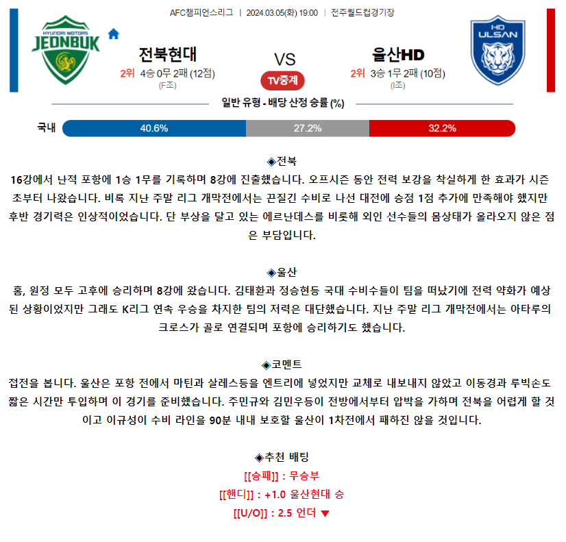 [스포츠무료중계축구분석] 19:00 전북현대모터스 vs 울산현대축구단