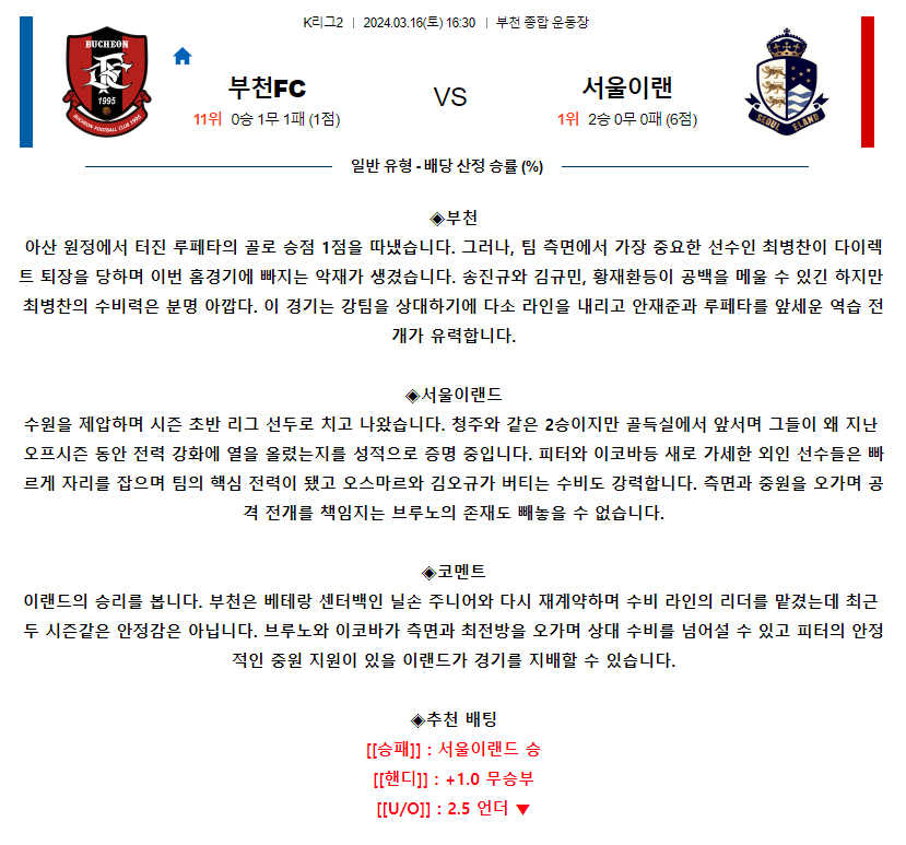 [스포츠무료중계축구분석] 16:30 부천FC1995 vs 서울이랜드FC