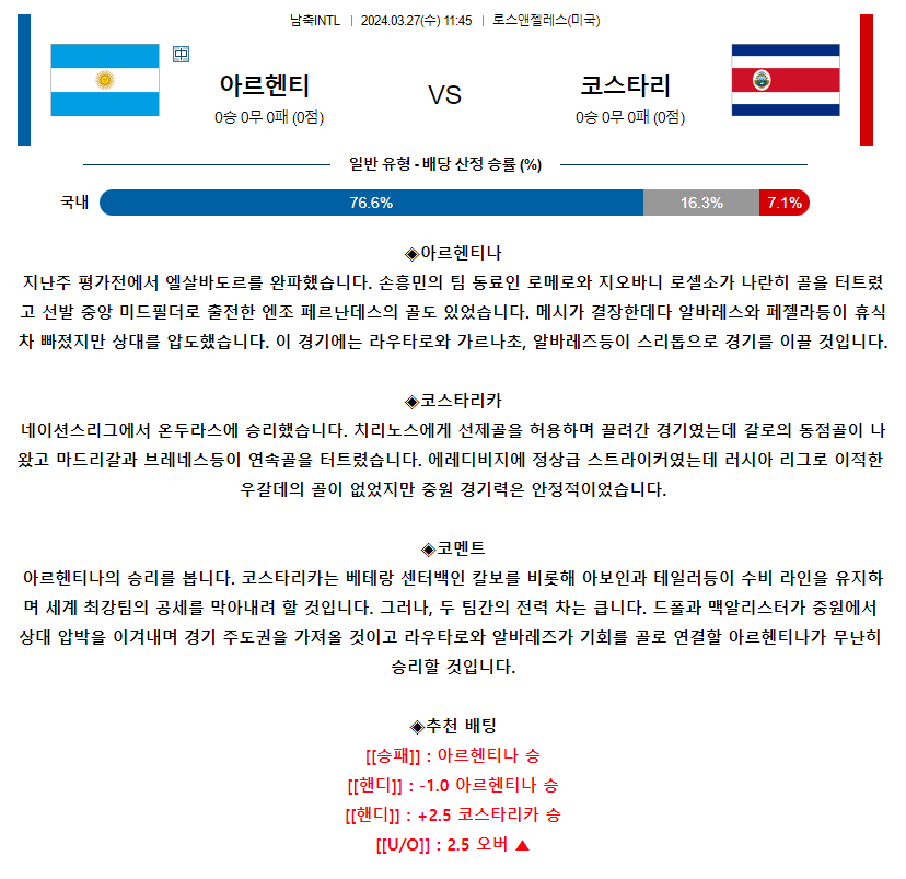 [스포츠무료중계축구분석] 11:50 아르헨티나 vs 코스타리카