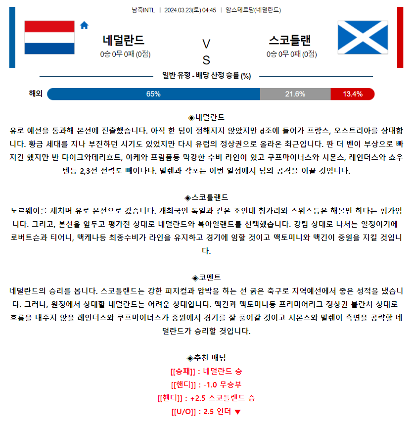 [스포츠무료중계축구분석] 04:45 네덜란드 vs 스코틀랜드