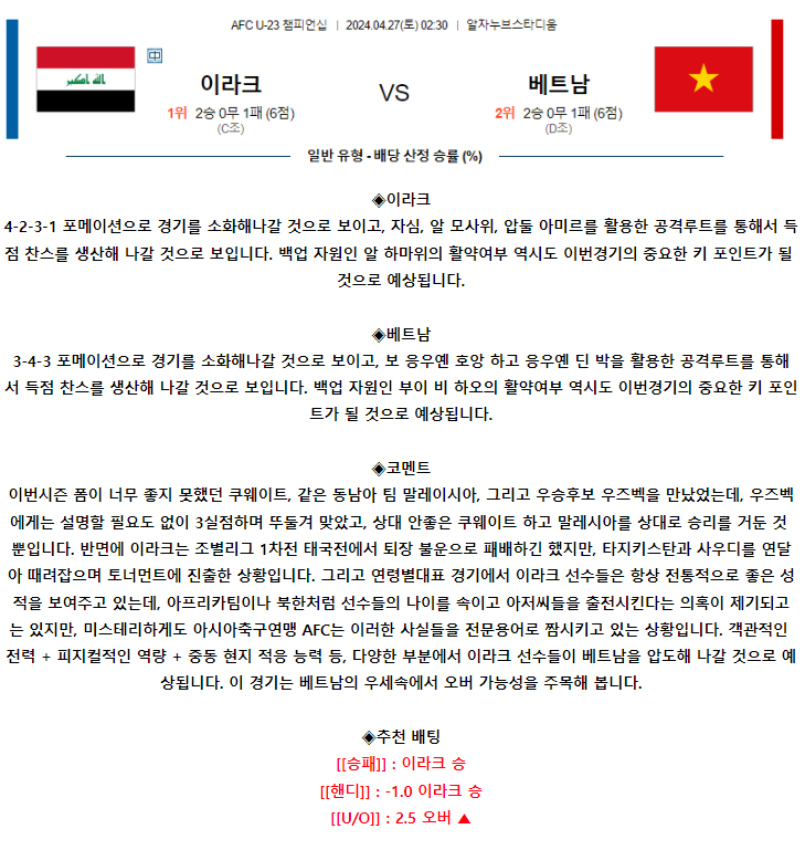 [스포츠무료중계축구분석] 02:30 이라크 vs 베트남