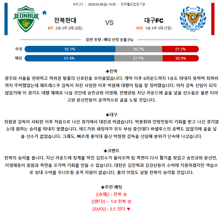[스포츠무료중계축구분석] 14:00 전북현대모터스 vs 대구FC