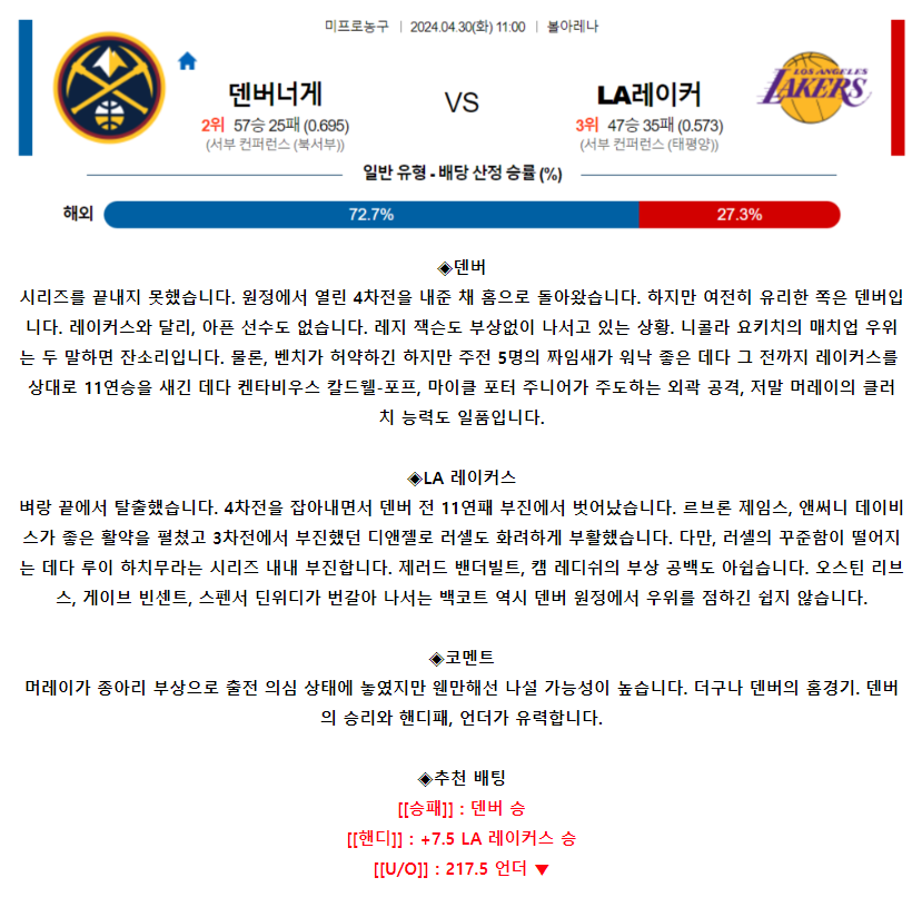[스포츠무료중계NBA분석] 11:00 덴버 vs LA레이커스