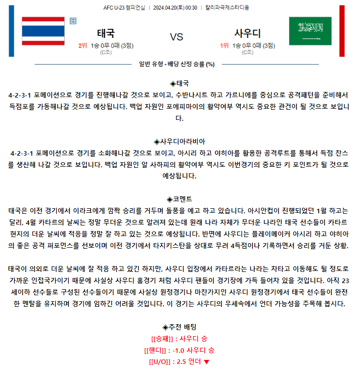[스포츠무료중계축구분석] 00:30 태국 vs 사우디아라비아