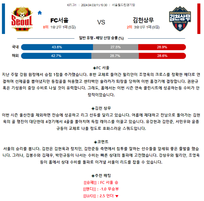 [스포츠무료중계축구분석] 19:30 FC서울 vs 김천상무