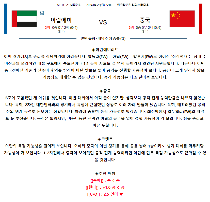 [스포츠무료중계축구분석] 22:00 아랍에메리트 vs 중국