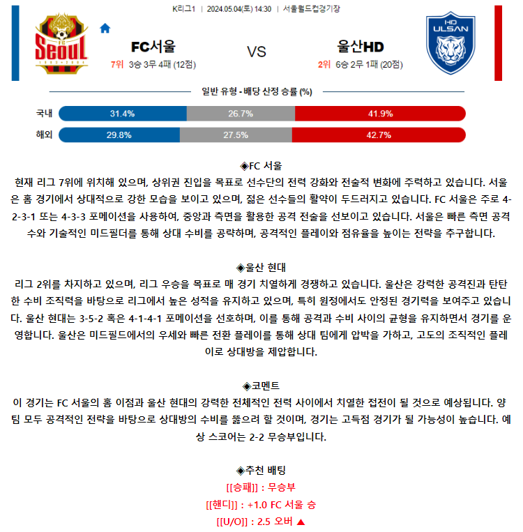 [스포츠무료중계축구분석] 14:30 FC서울 vs 울산HD
