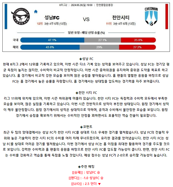 [스포츠무료중계축구분석] 19:00 성남FC vs 천안시티FC