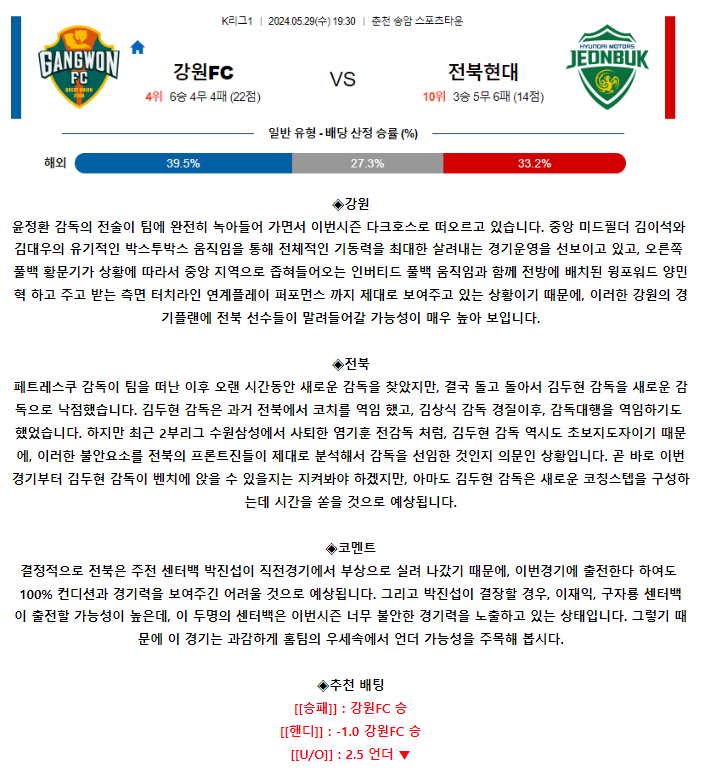 [스포츠무료중계축구분석] 19:30 강원FC vs 전북현대모터스