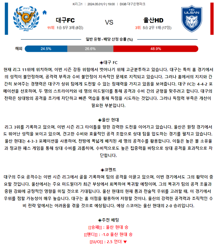 [스포츠무료중계축구분석] 19:00 대구FC vs 울산HD