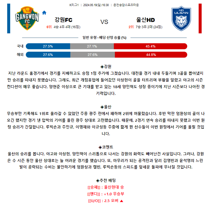 [스포츠무료중계축구분석] 16:30 강원FC vs 울산HD