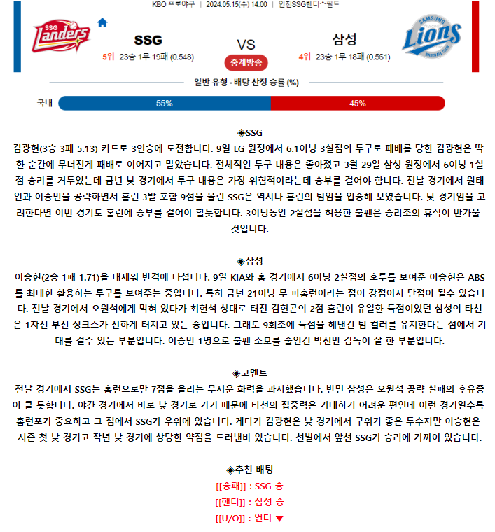 [스포츠무료중계KBO분석] 14:00 SSG vs 삼성