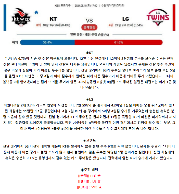 [스포츠무료중계KBO분석] 17:00 KT vs LG