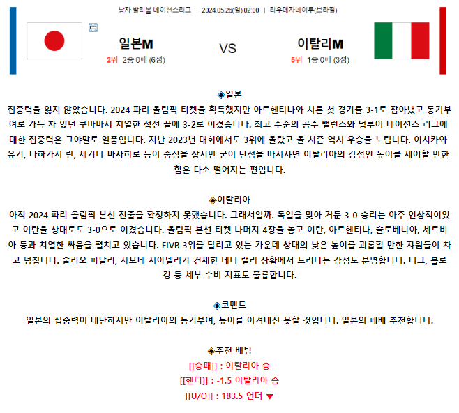 [스포츠무료중계네이션스분석] 02:00 일본 vs 이탈리아