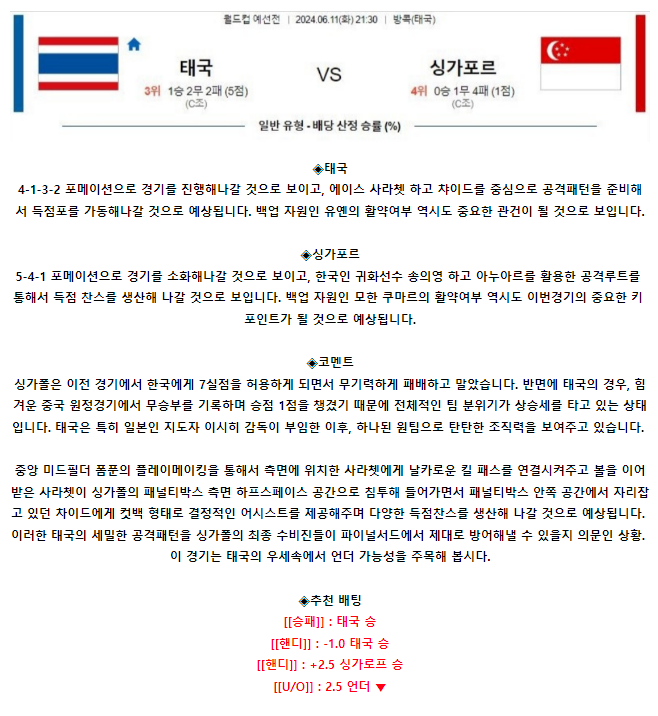 [스포츠무료중계축구분석] 21:30 태국 vs 싱가포르